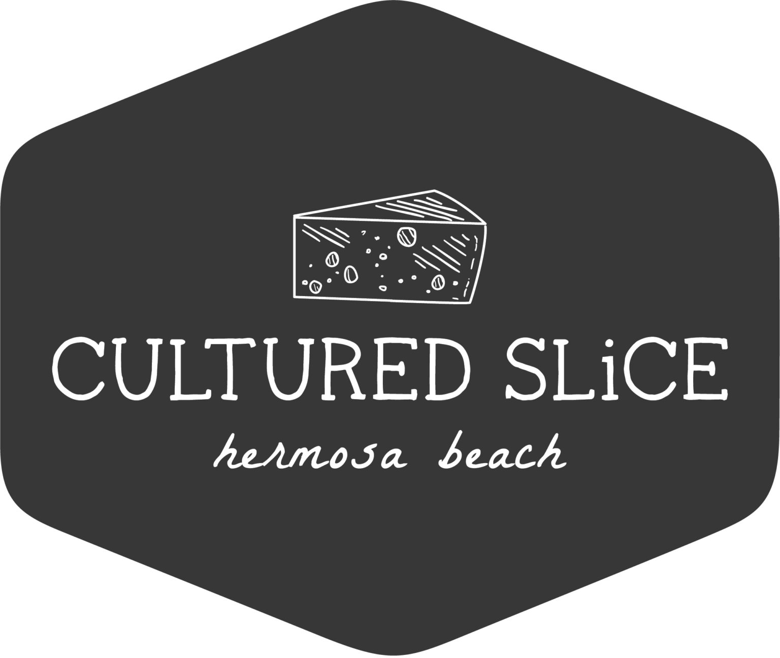 A black and white logo of a slice of cheese.