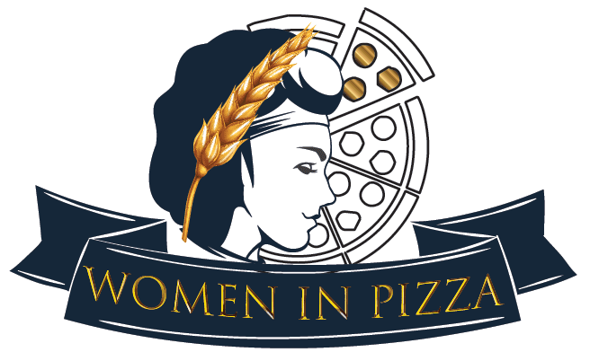 A woman with a wheat ear on her head and a pizza in the background.