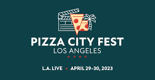 A green background with white lettering that says pizza city fest los angeles.